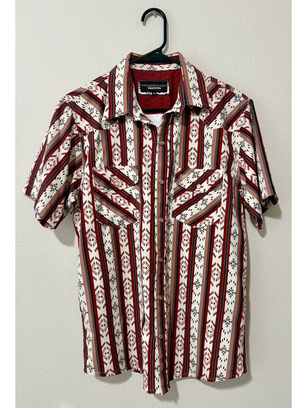 American West Button Up Shirt | Short Sleeve | Red Western Pearl Snap | Size M